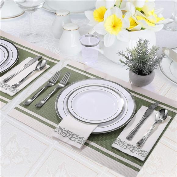 175pcs Silver Dinnerware Set for 25 Guests,Silver Rim Plastic Plates Disposable - Picture 4 of 7